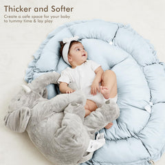 ANGELBLISS reversible tummy-time mat in plush blue demonstrates cozy cushion for comfortable supervised play.