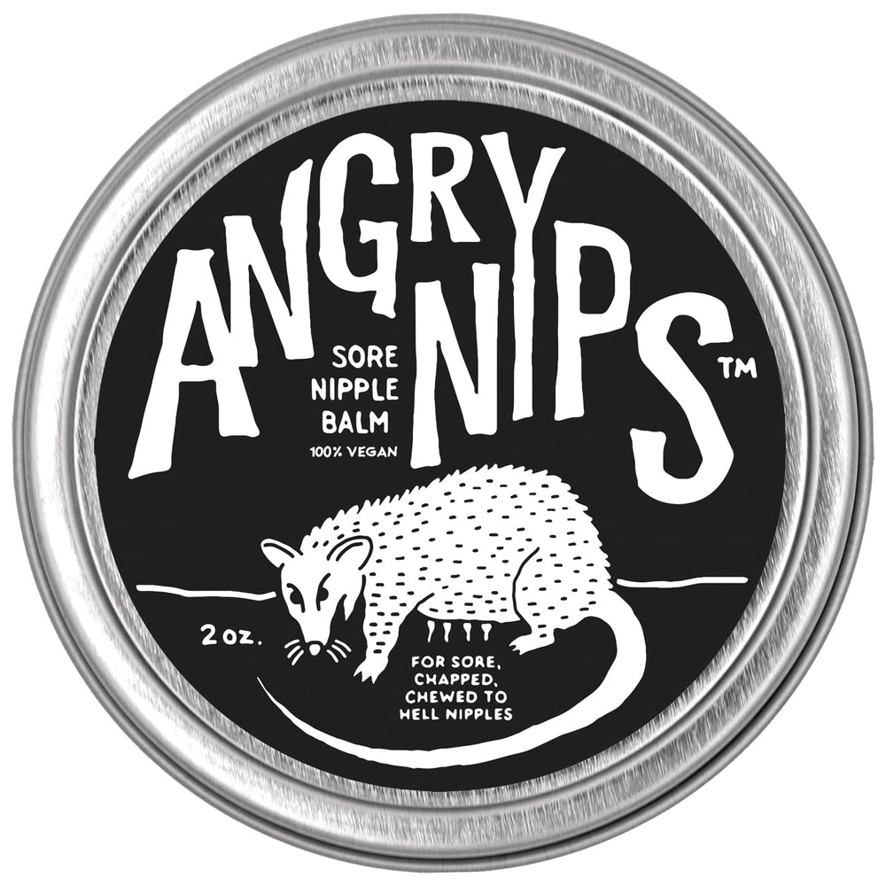 Angry Nips Sore Nipple Balm packaging showcases plant-based comfort for irritated skin.
