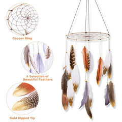 ANROYE Boho Feather Mobile dreamcatcher closeup showing feathers and beads for cozy crib ambience.