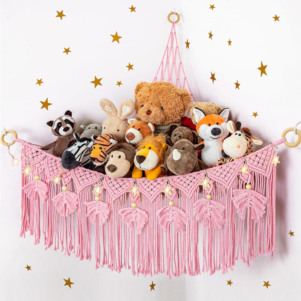 ANROYE Macrame stuffed animal storage star-light bear pink hammock closeup highlighting a charming display.