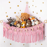 ANROYE Macrame stuffed animal storage star-light bear pink hammock closeup highlighting a charming display.