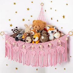 ANROYE Macrame stuffed animal storage star-light bear pink hammock closeup highlighting a charming display.