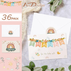 AnyDesign baby shower thank you card with boho rainbow and animals, ideal for personal notes.