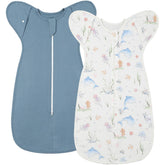 ANYEDDE arms-up swaddle on blue dolphin print for secure, cozy newborn sleep