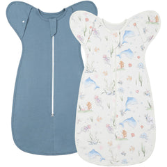 Anyedde baby transitional swaddle 2-pack blue dolphin front view offers secure, cozy sleep.