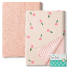 ANYEDDE pink floral muslin cotton and Minky dot blanket provides gentle newborn comfort.