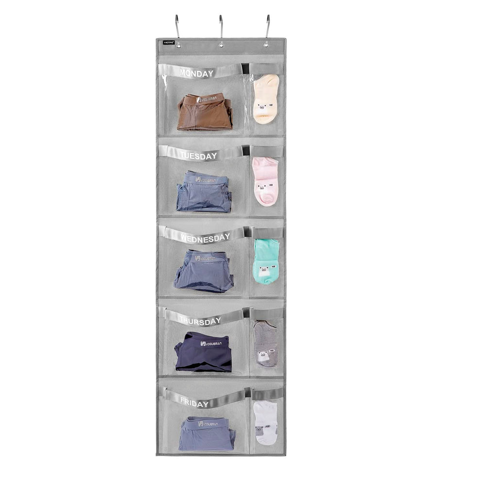 ANZORG weekly kids clothes organizer front view with clear pockets for quick outfit checks