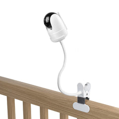 Aobelieve Flexible Camera Clamp Mount mounted to crib for quick repositioning and better nursery surveillance.