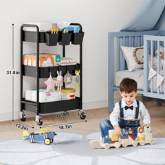 Aofure diaper caddy 3-tier cart wheels image highlights lockable wheels for secure positioning.