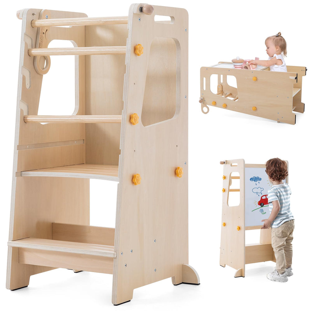 Aokkto 4 in 1 toddler kitchen tower front view shows sturdy wood for growing kids' safe participation.