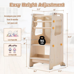 Aokkto 4 in 1 toddler kitchen tower side view highlights stable base and easy reach at counter height.