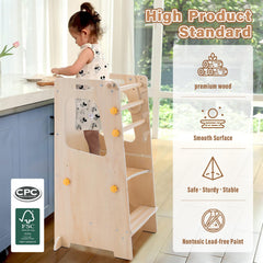 Aokkto 4 in 1 toddler kitchen tower wood texture close-up emphasizes warm lacquer finish and smooth edges.