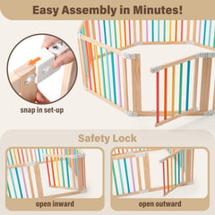 Aokkto foldable wooden playpen with child-safe lock ensures secure crawl time.