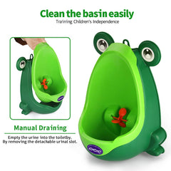 AOMOMO urinal for toilet training boys shown with child-use scenario encouraging independent aim.