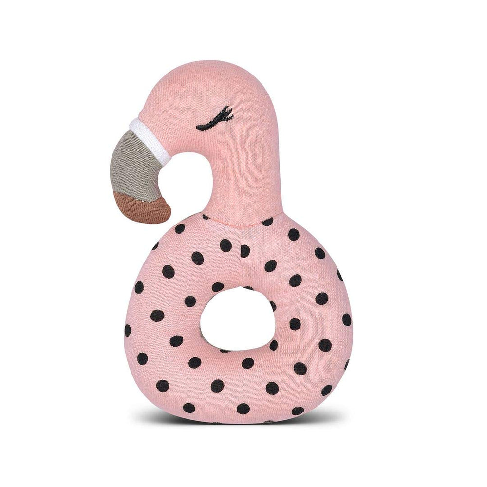 Apple Park Franny Flamingo teething rattle soothes gums with organic cotton softness for infants.