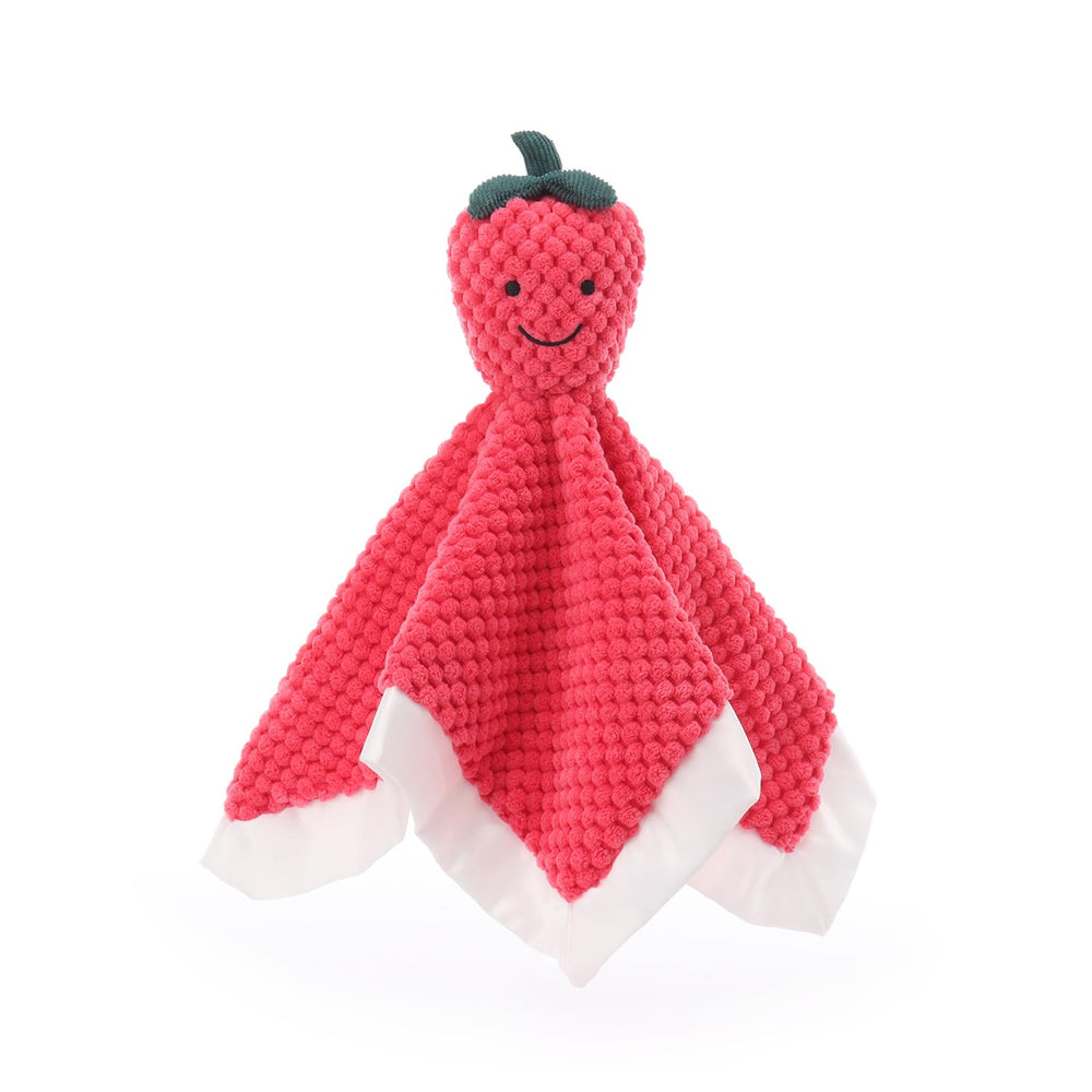Apricot Lamb stuffed fruit strawberry blanket closeup shows plush softness for calming baby moments.