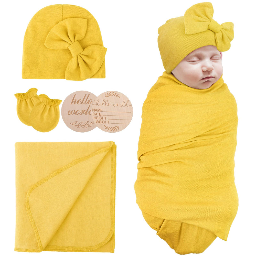 AQOKKA newborn blanket with bow hat mittens and wooden card set—soft, breathable comfort for early moments.