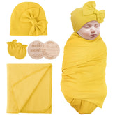 AQOKKA newborn blanket with bow hat mittens and wooden card set—soft, breathable comfort for early moments.