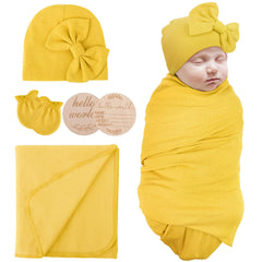 AQOKKA newborn blanket with bow hat mittens and wooden card set—soft, breathable comfort for early moments.