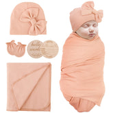AQOKKA newborn receiving blanket with bow hat mittens set; soft, breathable warmth for newborn comfort.