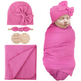 AQOKKA newborn swaddle blanket with bow hat set – breathable, cozy fabric for baby's comfort.
