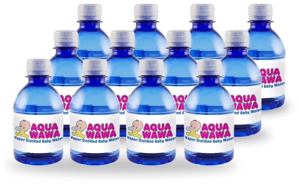 AQUAWAWA Nursery Water front label shows purity for baby's bottle