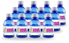 AQUAWAWA Nursery Water front label shows purity for baby's bottle