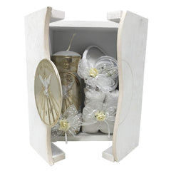 Arcangeles Mexicanos baptism box closeup highlights wood grain and artisan craftsmanship.