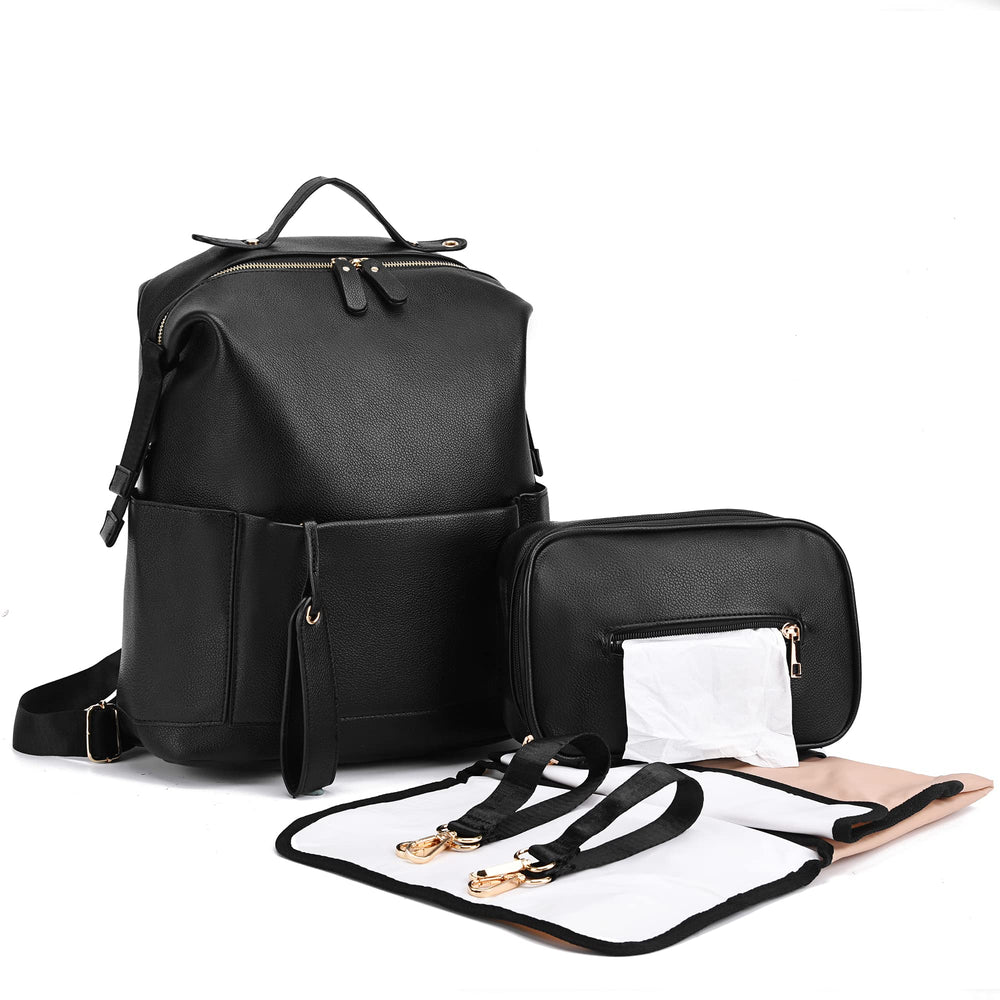 ARDIKAMA Diaper Bag Backpack front view showing stylish black leather design for moms on the go