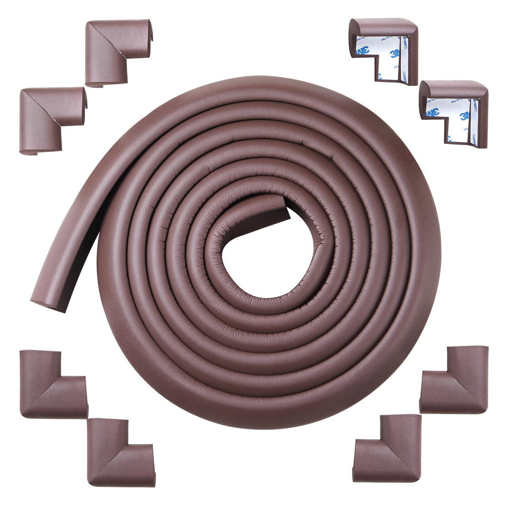 Arinbeb foam corner protector on coffee hearth enhances toddler edge safety.