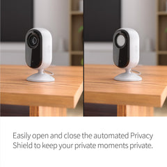 Arlo Essential Indoor Camera 2K privacy shield closes the lens for quick privacy moments.
