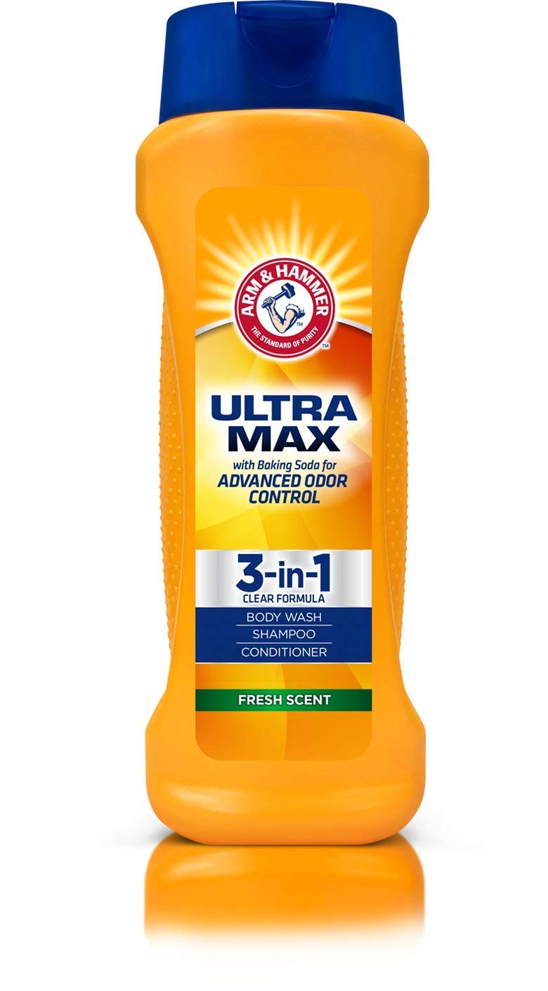 Arm & Hammer Ultra Max 3-in-1 shampoo bottle showing all-in-one cleansing for busy mornings