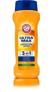 Arm & Hammer Ultra Max 3-in-1 shampoo bottle showing all-in-one cleansing for busy mornings