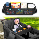 AROUY stroller snack tray attached to Wonderfold W4 shows universal compatibility.