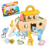 Arristone wooden Noah's Ark toy with wheels for portable play.