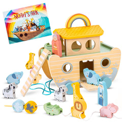 Arristone wooden Noah's Ark toy with wheels for portable play.