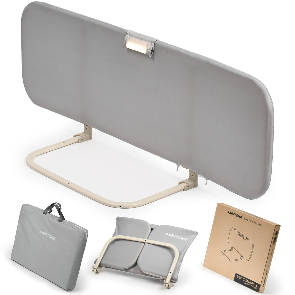 Arttona toddler bed rail with night light provides soothing bedtime glow.