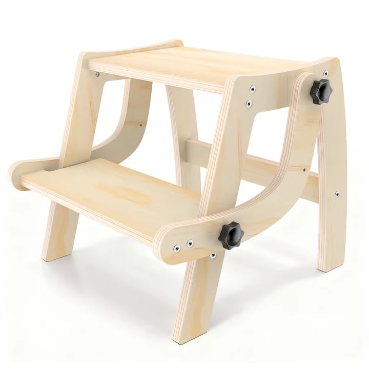 Arwion toddler step stool folded for compact storage with a sturdy wooden finish.