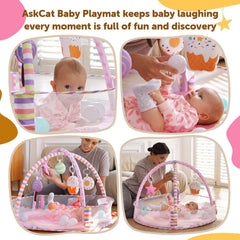 AskCat baby play gym with interchangeable plush toys for sensory play.