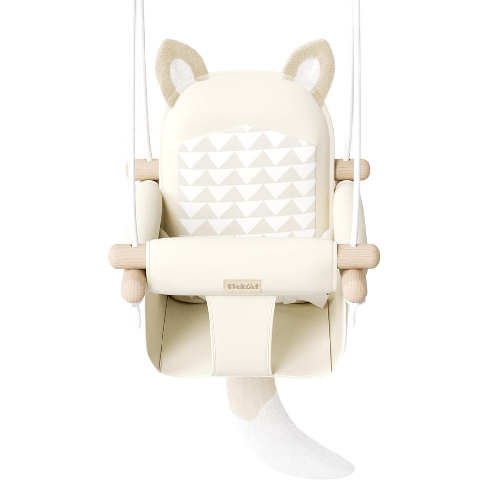 AskCat fox-themed wooden baby swing in beige for playful nursery fun.