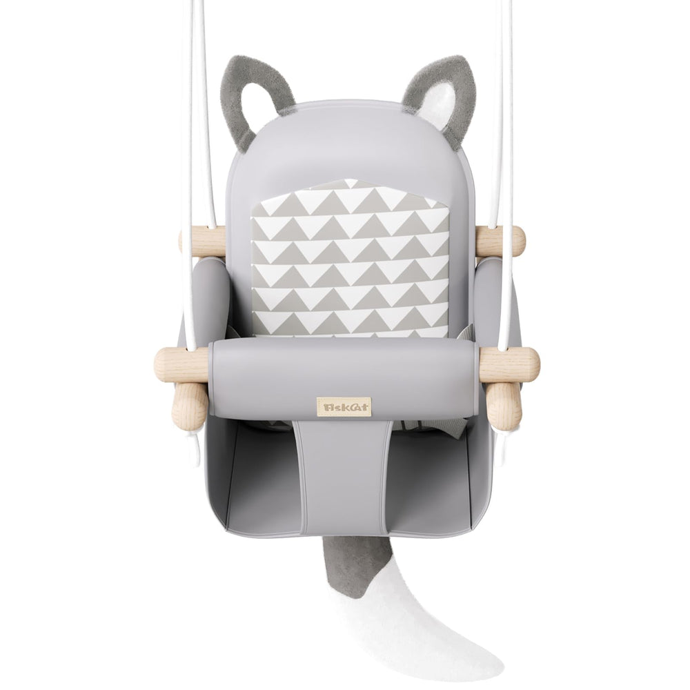AskCat fox-themed wooden baby swing seat provides comfy support for playtime.