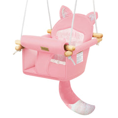 AskCat wooden baby swing fox design pink with adjustable belt for indoor calm rocking.