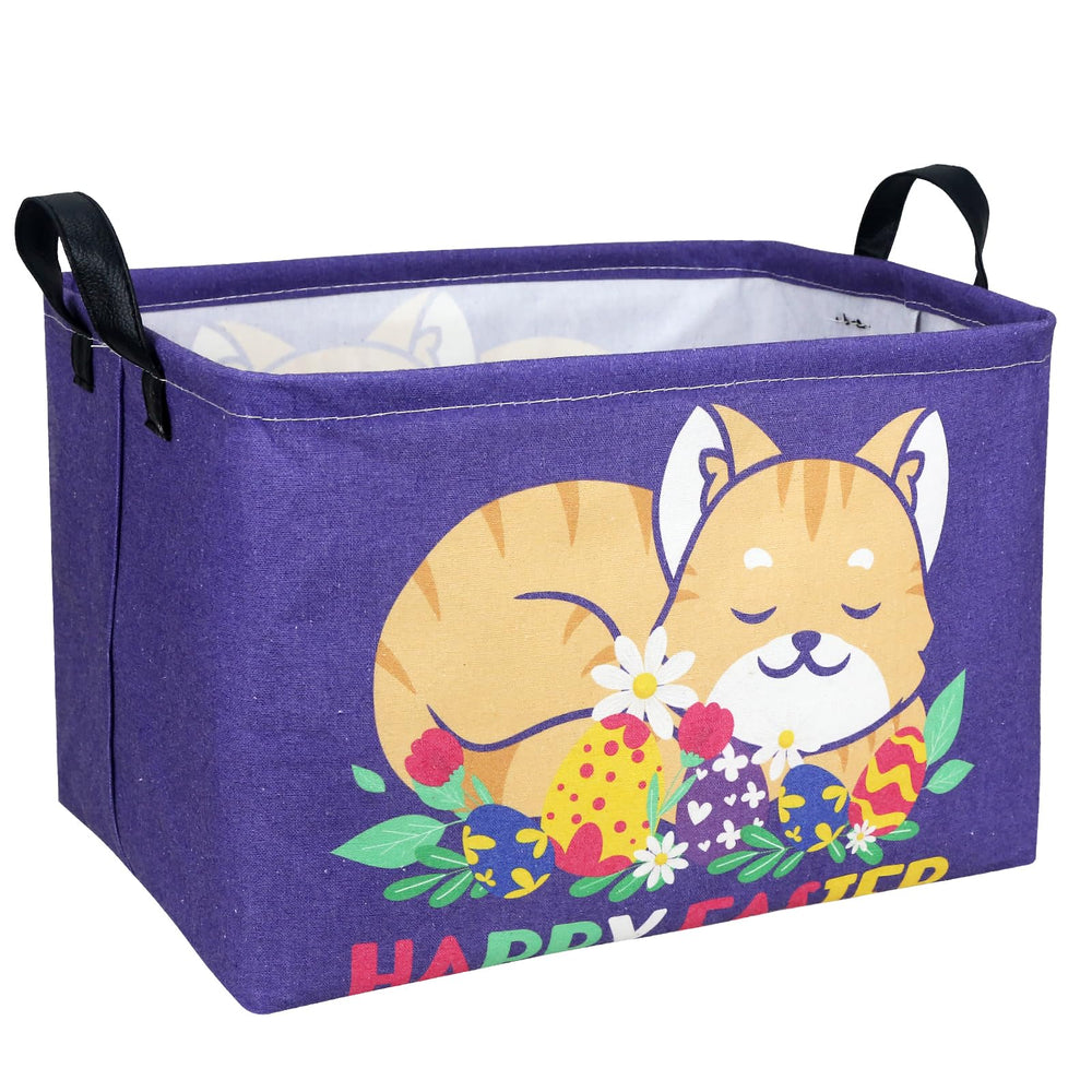 ASKETAM Cat Easter Basket front view shows bright Easter egg pattern for kid-friendly gift storage.