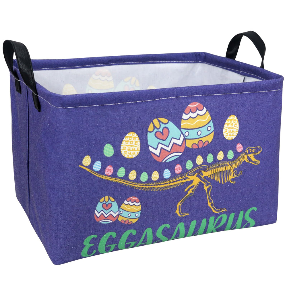 ASKETAM Dinosaur Easter Basket front view for kids, great for Easter gifting and toy organization.
