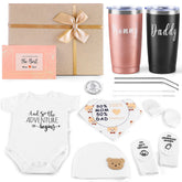 Asukin new mom and dad gift basket with baby socks and beanie for a newborn welcome.