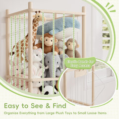 Atoping stuffed animal storage organizer wood-detail close-up emphasizes natural pine texture.