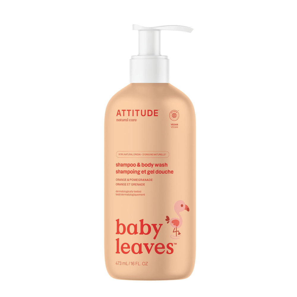 ATTITUDE baby 2-in-1 shampoo and body wash orange-pomegranate bottle—gentle head-to-toe cleansing.