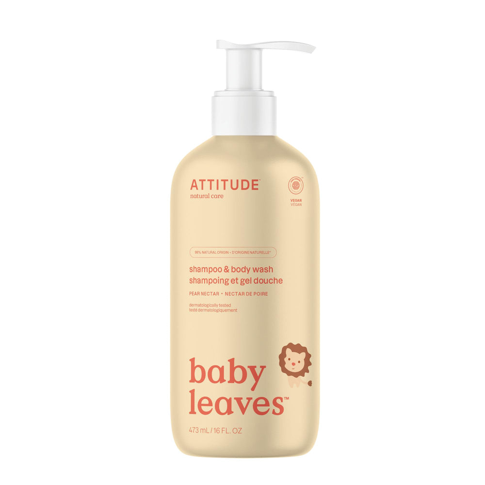 ATTITUDE baby 2in1 pear nectar bottle demonstrates gentle cleansing for delicate skin.