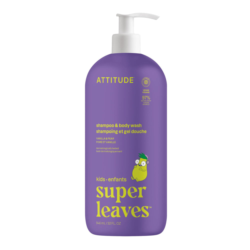 ATTITUDE kids shampoo and body wash bottle with vanilla-pear scent offers gentle cleansing for daily routines