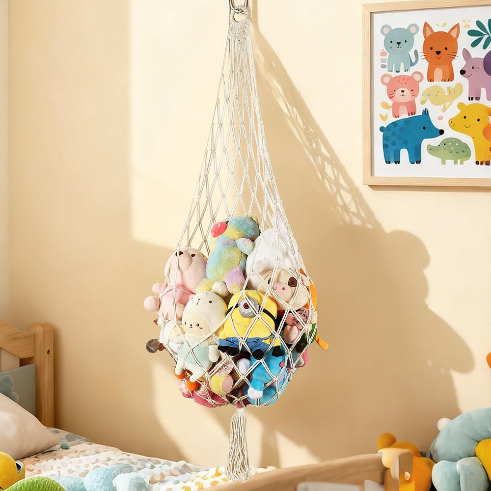 Aufee stuffed animal storage corner hammock demonstrates vertical space-saving storage for plush toys.